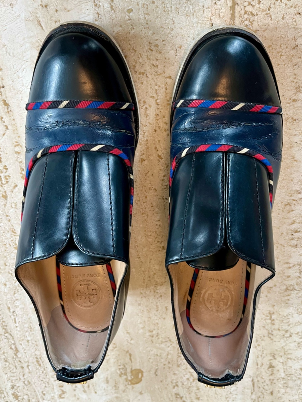 Tory Burch • Frances Loafer Heels • Navy/Black w/ Striped Trim • Size 7.5M